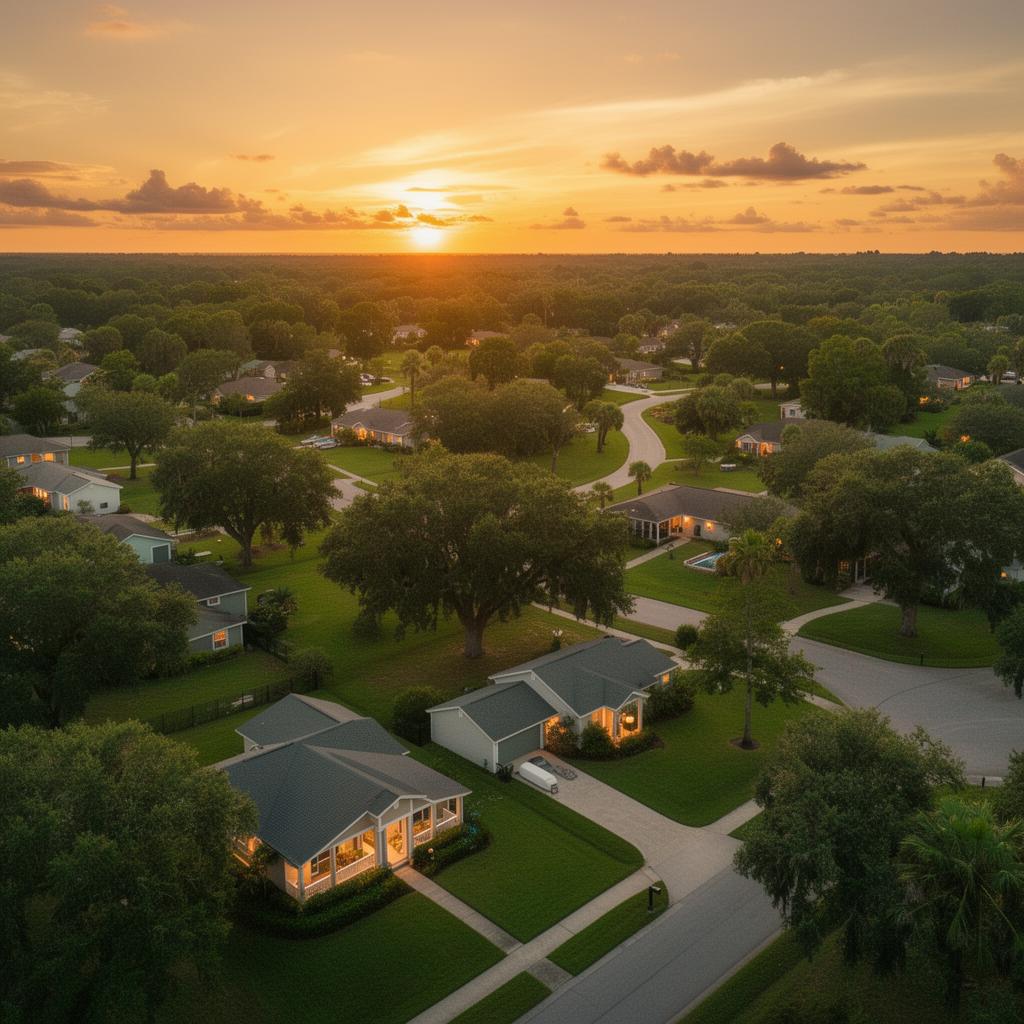 Warm aerial view of the Bragg Branch Crossing community at sunset
